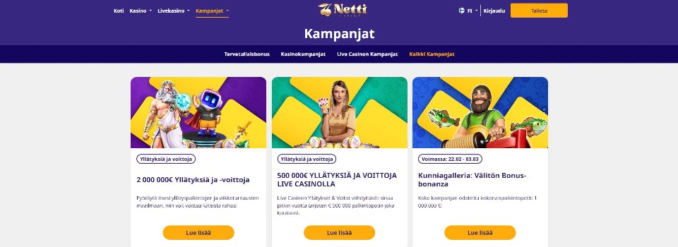 Kuvankaappaus NettiCasinon kampanjoista, esillä 3 tarjousta