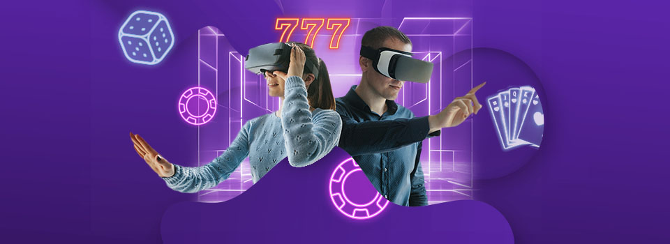 Uudet trendit nettikasinoilla - esillä mies ja nainen VR-lasit päässään, ympärillä virtuaalikasino ja pelimerkkejä