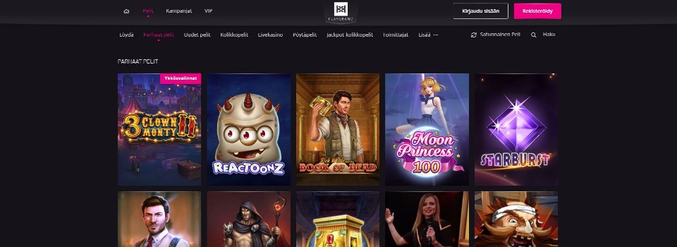 Kuvankaappaus PlayGrand Casinon peliaulasta, esillä valikot ja 10 parasta kasinopeliä