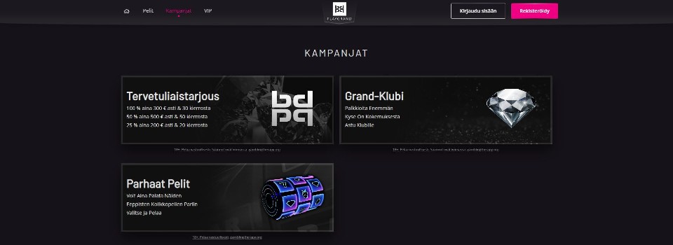 Kuvankaappaus PlayGrand Casinon tarjouksista, esillä valikko ja kolme eri tarjousta