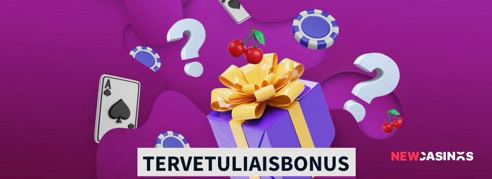 Tervetuliaisbonus, lahjapaketin ympärillä kysymysmerkkejä, pelimerkkejä ja pelikortteja