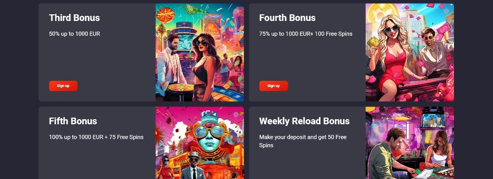 Kuvankaappaus VegasCoin Casinon kampanjoista, esillä 4 eri bonusta