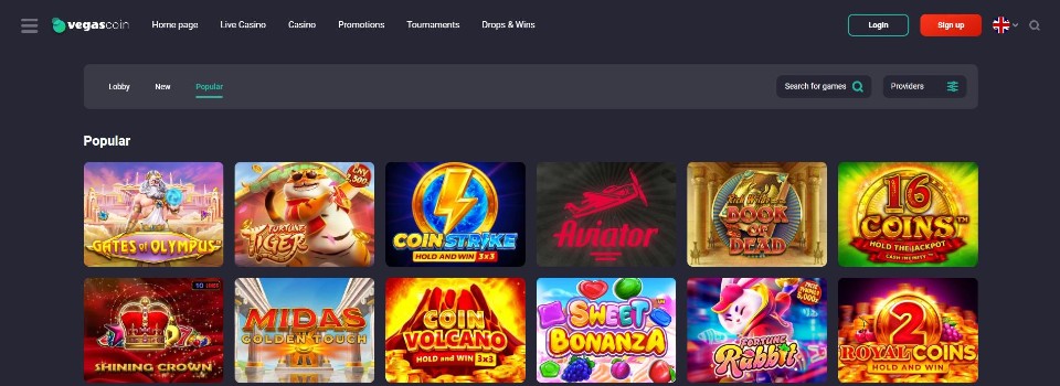 Kuvankaappaus VegasCoin Casinon peliaulasta, esillä valikko ja 12 pelin kuvakkeet