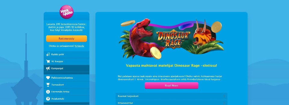 Kuvankaappaus Vera & John Casinon kampanjoista, esillä valikko ja Dinosaur Rage -pelin banneri