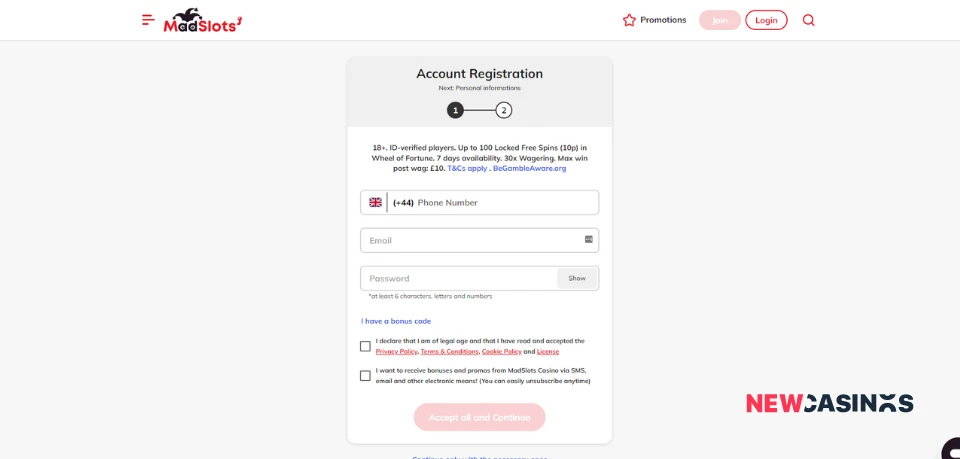 madslots casino registration form