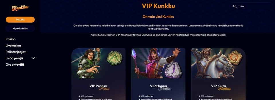 Kuvankaappaus Kunkku Kasinon VIP-ohjelmasta, esillä 3 eri tason esittely