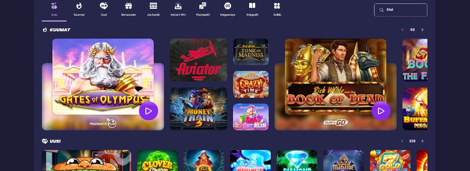 Kuvankaappaus ReSpin casinon peliaulasta, esillä valikko ja 16 peliautomaatin kuvakkeet