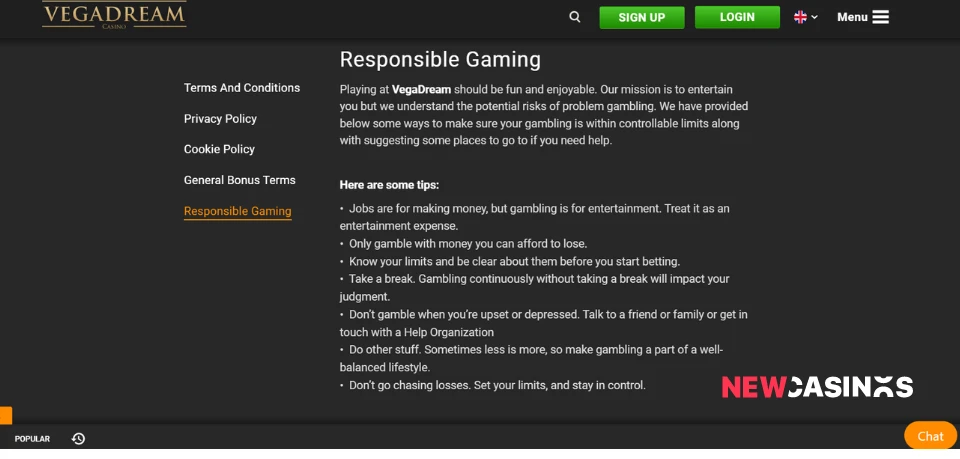 vegadream responsible gaming