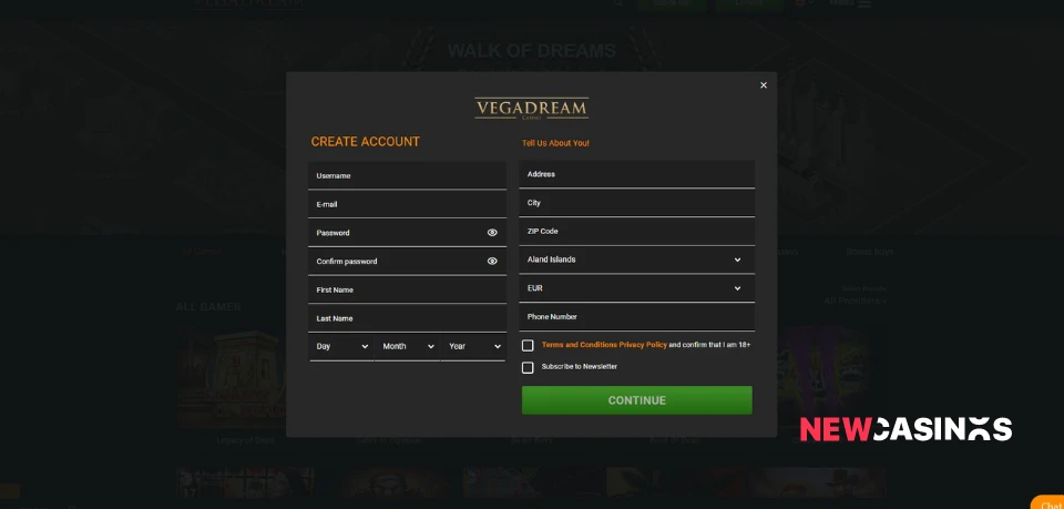 vegadream casino registration form