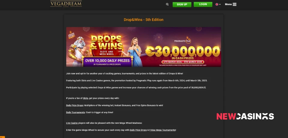 vegadream casino drop & wins