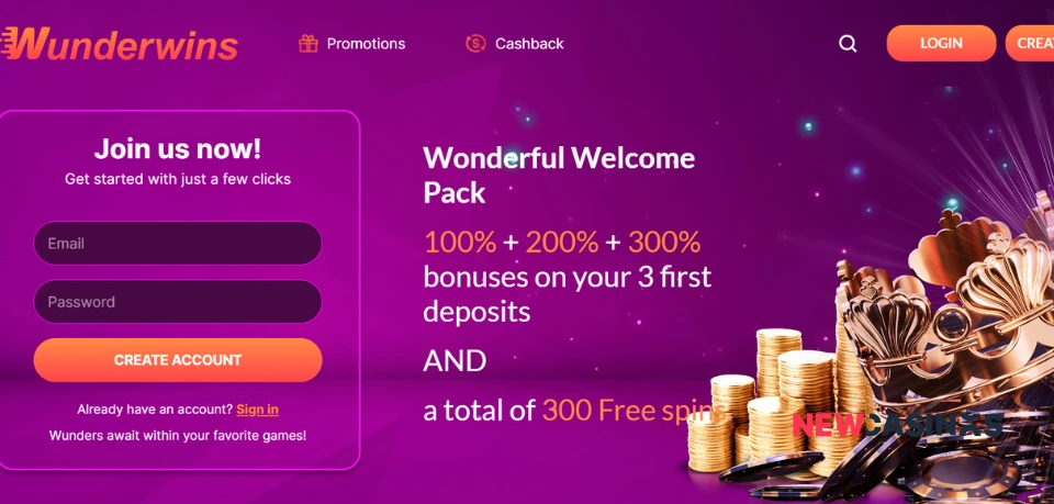 Wunderwins Casino Homepage Screenshot