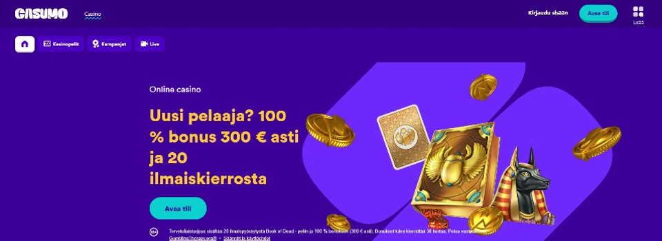 Kuvankaappaus Casumo Casinon etusivusta, esillä tervetuliaisbonus