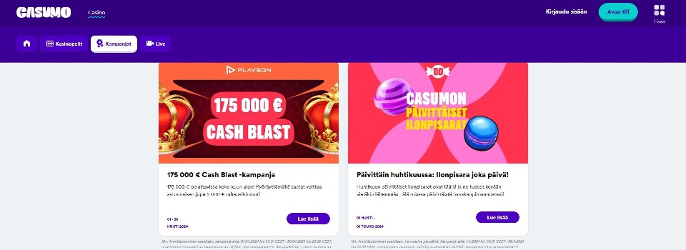 Kuvankaappaus Casumo Casinon tarjouksista, esillä cash blast ja päivittäinen ilonpisara-tarjous