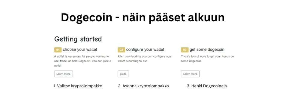 Dogecoin - nin pääset alkuun, kuvassa kryptolompakon valinta ja asentaminen sekä Dogecoinien hankkiminen