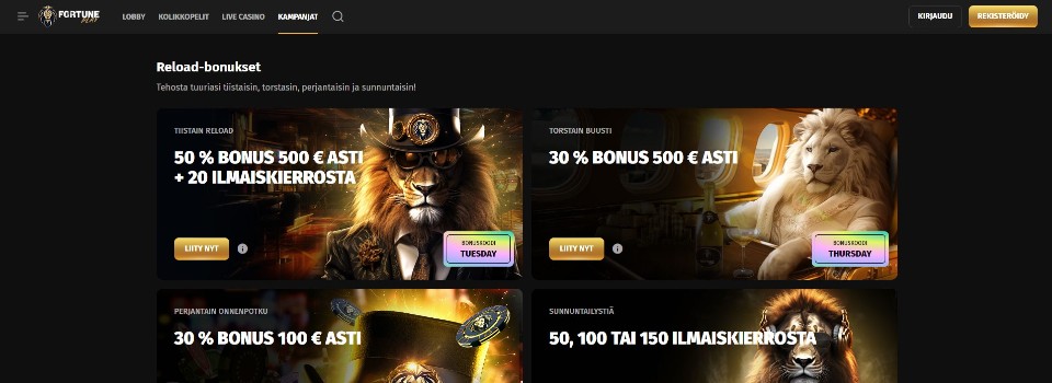 Kuvankaappaus FortunePlay Casinon kampanjoista, esillä valikko ja neljä eri reload-bonusta leijonahahmoineen