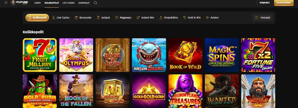 Kuvankaappaus FortunePlay Casinon peliaulasta, esillä valikot ja 14 peliautomaatin kuvakkeet