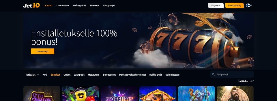 Kuvankaappaus Jet10 Casinon peliaulasta, esillä ensitalletusbonus, valikot ja pelikuvakkeita