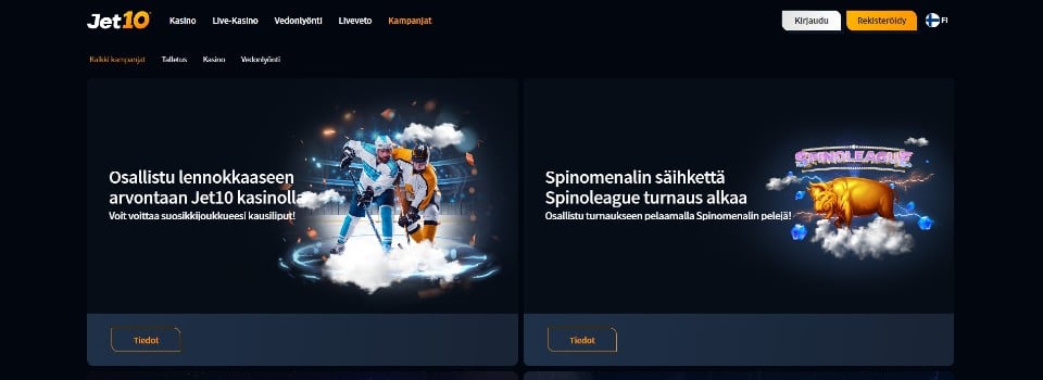 Kuvankaappaus Jet10 Casinon tarjouksista, esillä 2 eri kasinotarjousta