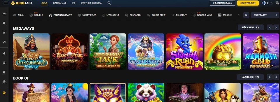 Kuvankaappaus Kingamo Casinon peliaulasta, esillä 14 peliautomaatin kuvakkeet