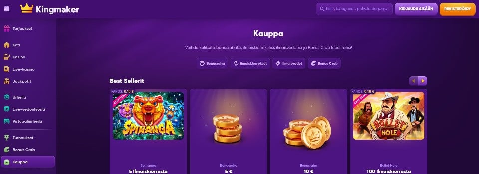 Kuvankaappaus Kingmaker Casinon kaupasta, esillä valikko ja 4 eri tarjousta