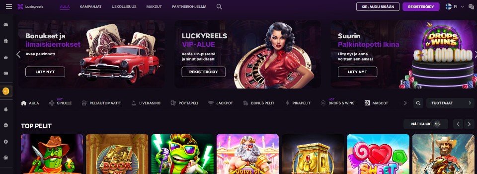 Kuvankaappaus LuckyReels Casinon etusivusta, esillä valikot, 3 tarjousta ja peliautomaattien kuvakkeita