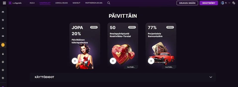 Kuvankaappaus LuckyReels Casinon tarjouksista, esillä 3 päivittäistä kasinotarjousta