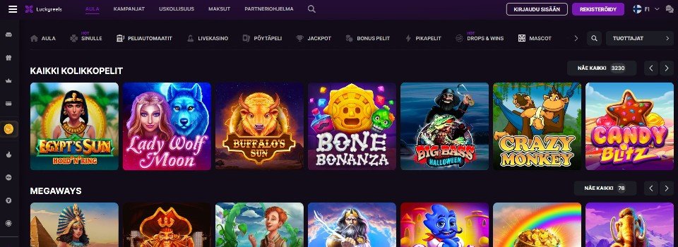 Kuvankaappaus LuckyReels Casinon peliaulasta, esillä valikot ja 14 peliautomaattin kuvakkeet