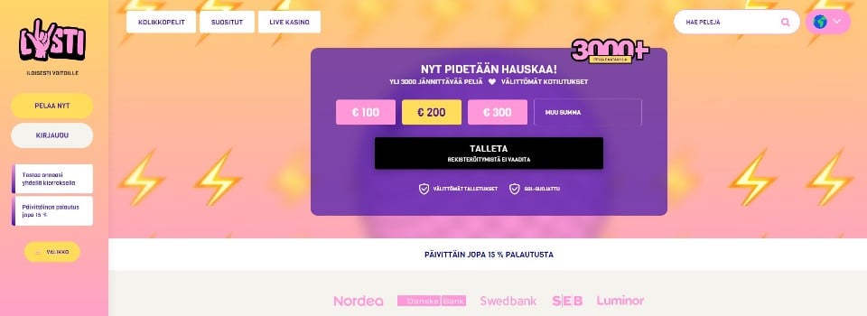 Kuvankaappaus Lysti Casinon etusivusta, esillä valikot ja pikatalletusikkuna