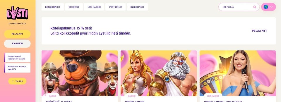 Kuvankaappaus Lysti Casinon tarjouksista, esillä valikot, 15 % cashback ja 3 muuta tarjousta