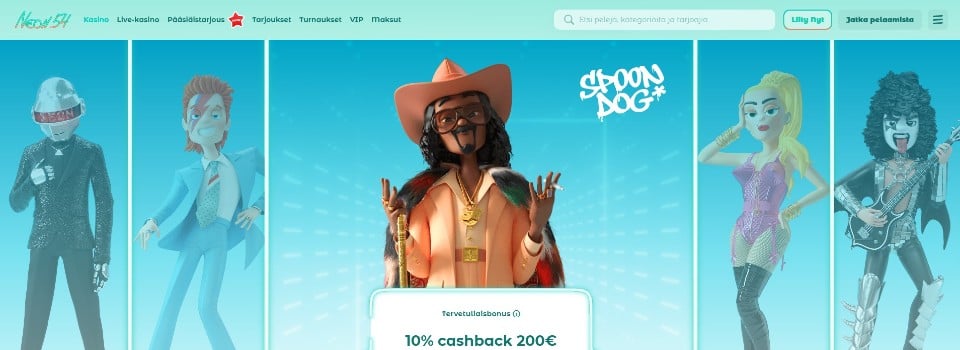 Kuvankaappaus Neon54 Casinon etusivusta, esillä valikko, viisi eri hahmoa ja cashback bonus