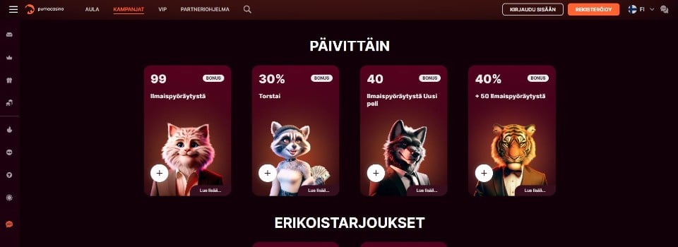 Kuvankaappaus Puma Casinon tarjouksista, esillä 4 päivittistä kasinotarjousta