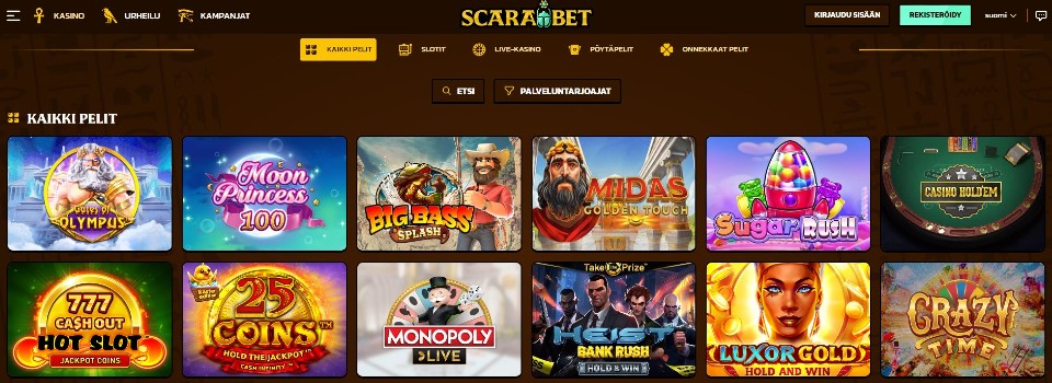 Kuvankaappaus Scarabet Casinon peliaulasta, esillä valikot ja 12 peliautomaatin kuvakkeet