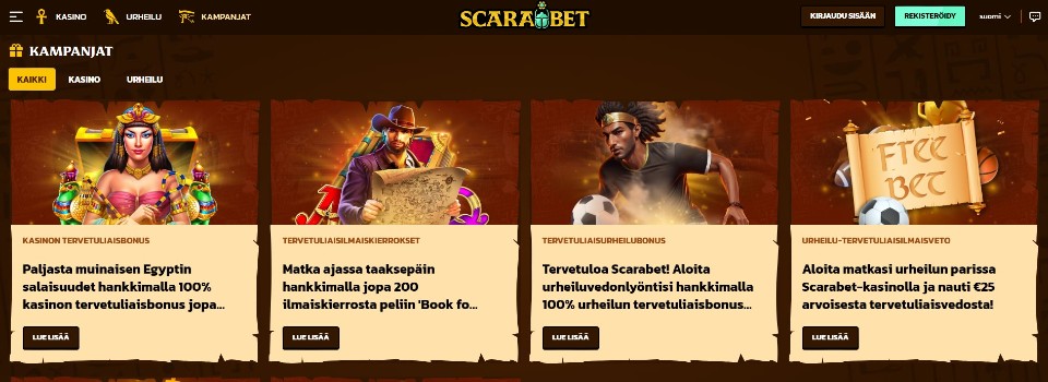 Kuvankaappaus Scarabet Casinon tarjouksista, esillä neljä eri bonusta