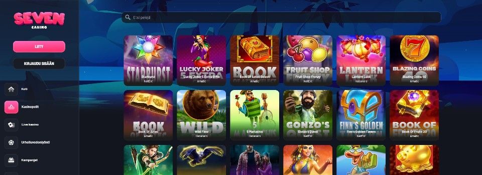 Kuvankaappaus Seven Casinon peliaulasta, esillä 18 pelin kuvakkeet