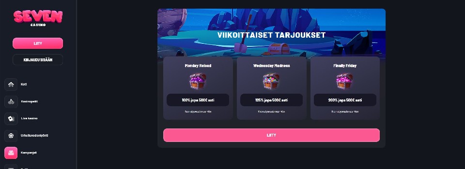 Kuvankaappaus Seven Casinon tarjouksista, esillä 3 jokaviikkoista tarjousta kasinolle