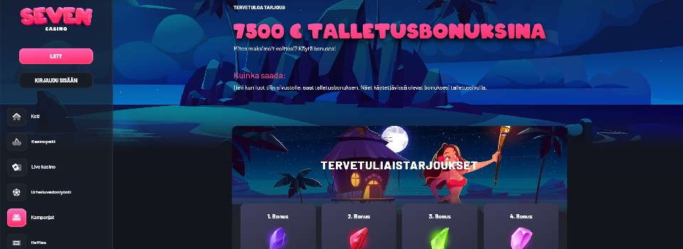 Kuvankaappaus Seven Casinon tervetuliaisbonuksesta, esillä tervetuliaisbonus 4:lle ensitalletukselle