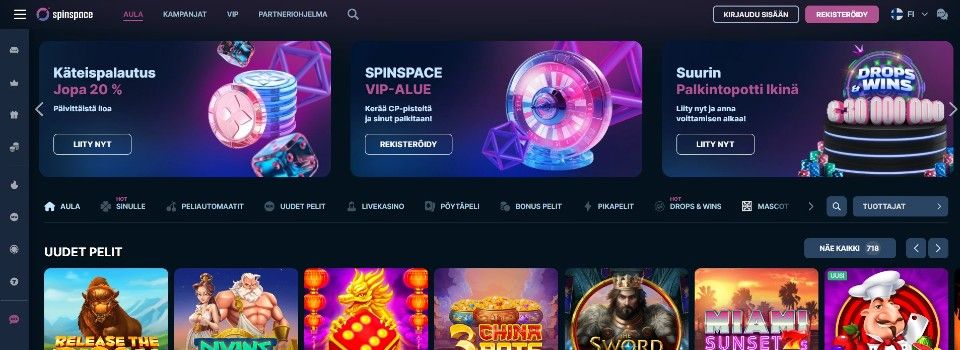 Kuvankaappaus SpinSpace Casinon etusivusta, esillä 3 tarjousta, pelivalikot ja 7 pelin kuvakkeet