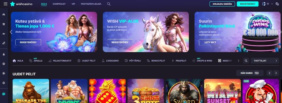 Kuvankaappaus Wish Casinon etusivusta, esillä valikot, 3 tarjousta ja 7 pelin kuvakkeet