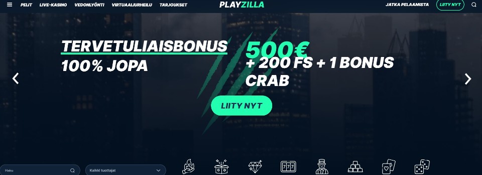 kuvankaappaus Playzilla Casinon etusivusta, esillä tervetuliaisbonus ja pelivalikot