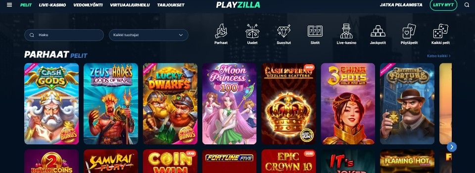 kuvankaappaus Playzilla Casinon peliaulasta, esillä pelivalikot ja 7 parhaan pelin kuvakkeet