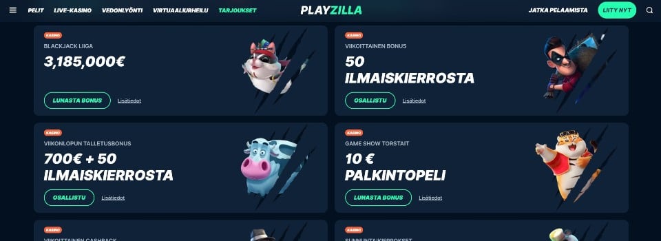 kuvankaappaus Playzilla Casinon tarjouksista, esillä neljä eri tarjousta