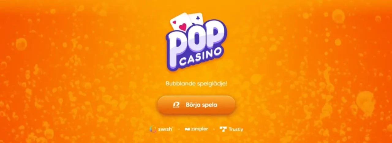 Hemsidan hos Pop Casino med organge bakrund och en knapp