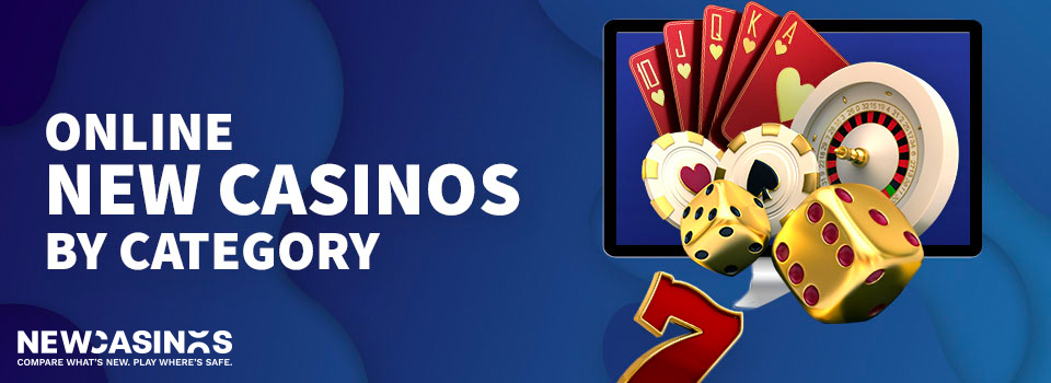 casino related icons and text 'online new casinos by category'