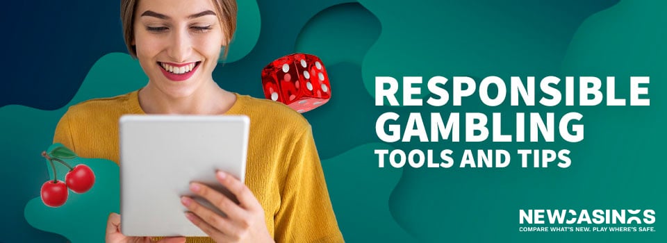 a woman smiling at her table with 2 floating red dice icon surroung her, and text 'responsible gambling tools and tips'