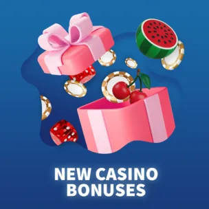 Online Casino Bonuses an open gift wrapped parcel with casino related icons coming out, with the text new casino bonuses