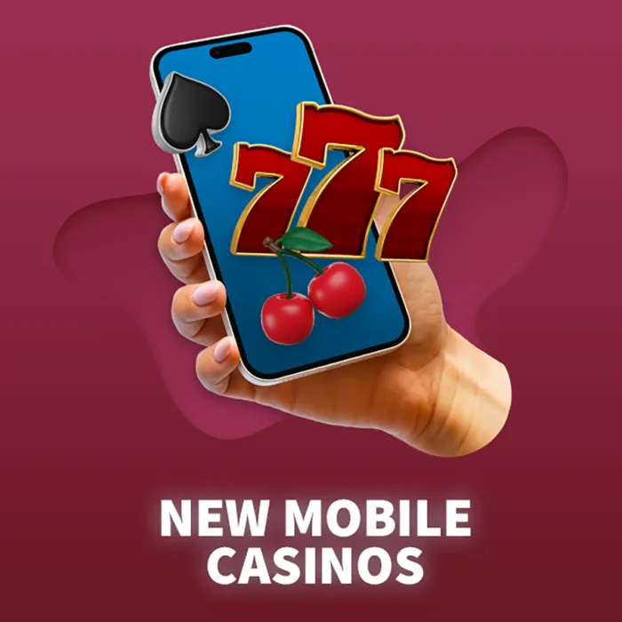 a hand holding a mobile phone with casino related icons one the screen, text below reads new mobile casinos