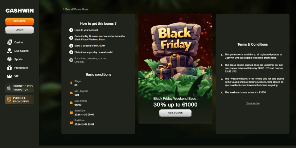 cashwin black friday weekend boost 30% up to €1000