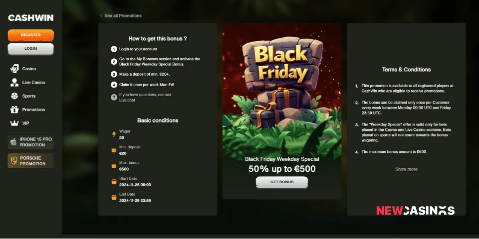 cashwin black friday weekday special 50% up to €500