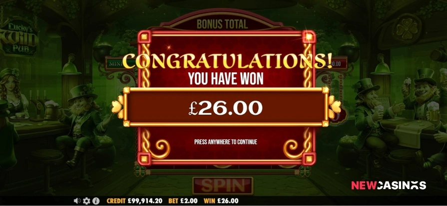 screenshot of lucky's wild pub fortune bonus win