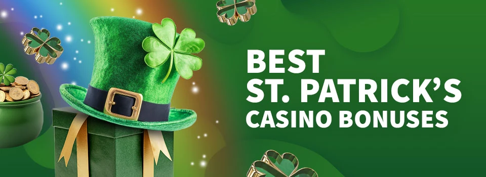 green background with irish themed icons floating and the text best st patrick's casino bonuses